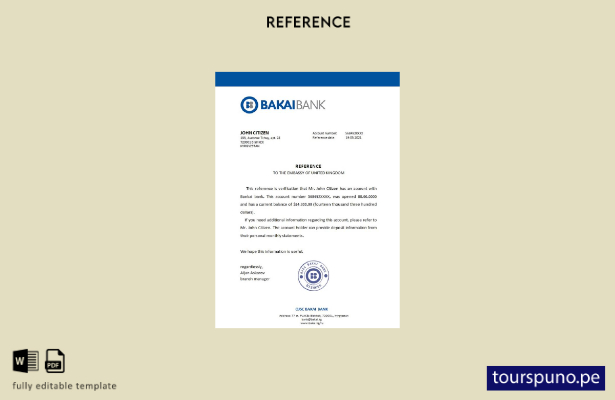 Plantilla de referencia de Kirguistán OJSC Bakai Bank lista para imprimir